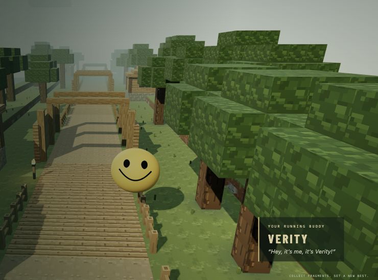 Verity’s smiling yellow face following a path through the updated oak woods